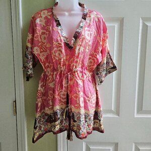 Johnny Was Silk Floral Pink Handkerchief Tunic Kaftan V-Neck Tassel Front Blouse